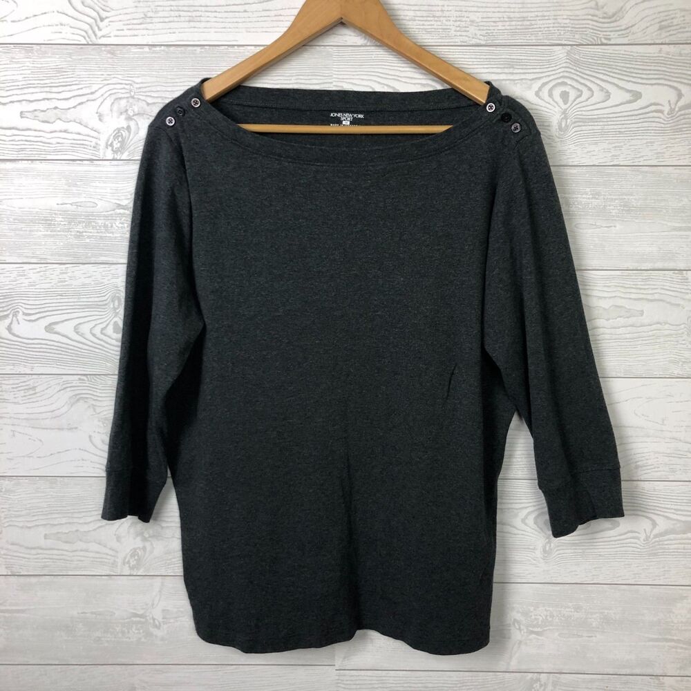 Jones New York Sport Womens 1X Boat Neck Tee Shirt 3/4 Sleeve Button Detail Gray